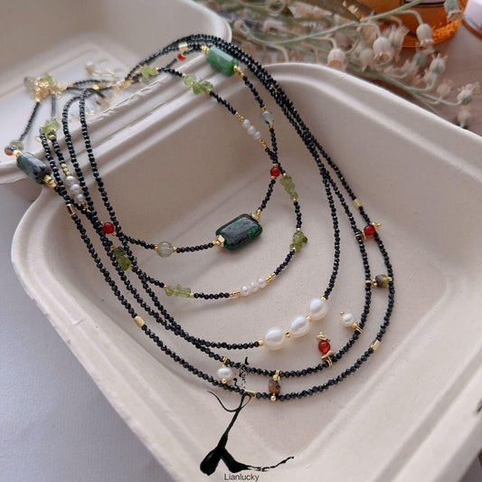 Handcrafted Natural Stone Beaded Necklace – Original Ink Wash Style Layered Jewelry