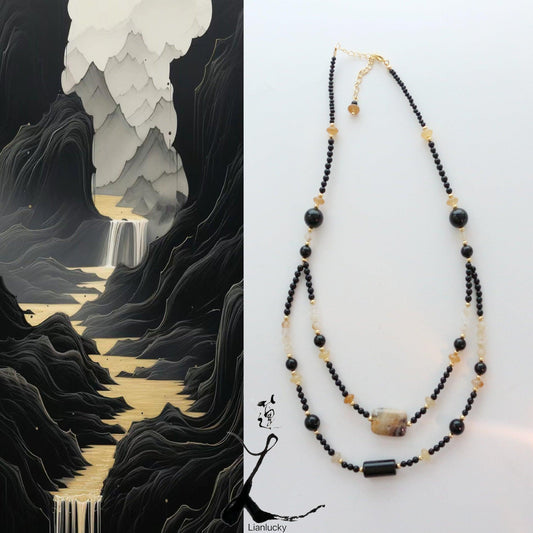 7A Grade Natural Black Onyx & Citrine Double Layer Beaded Necklace – Elegant Collarbone Chain Jewelry