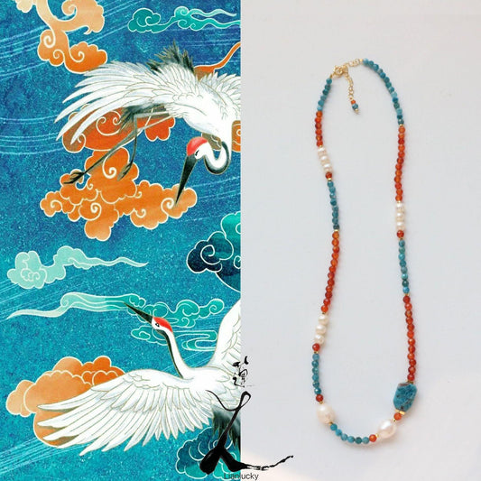 Dunhuang Color Natural Stone Blue Phosphorus & Gray Pearl Necklace, Earrings, Hairpin, Bracelet & Ring Collection