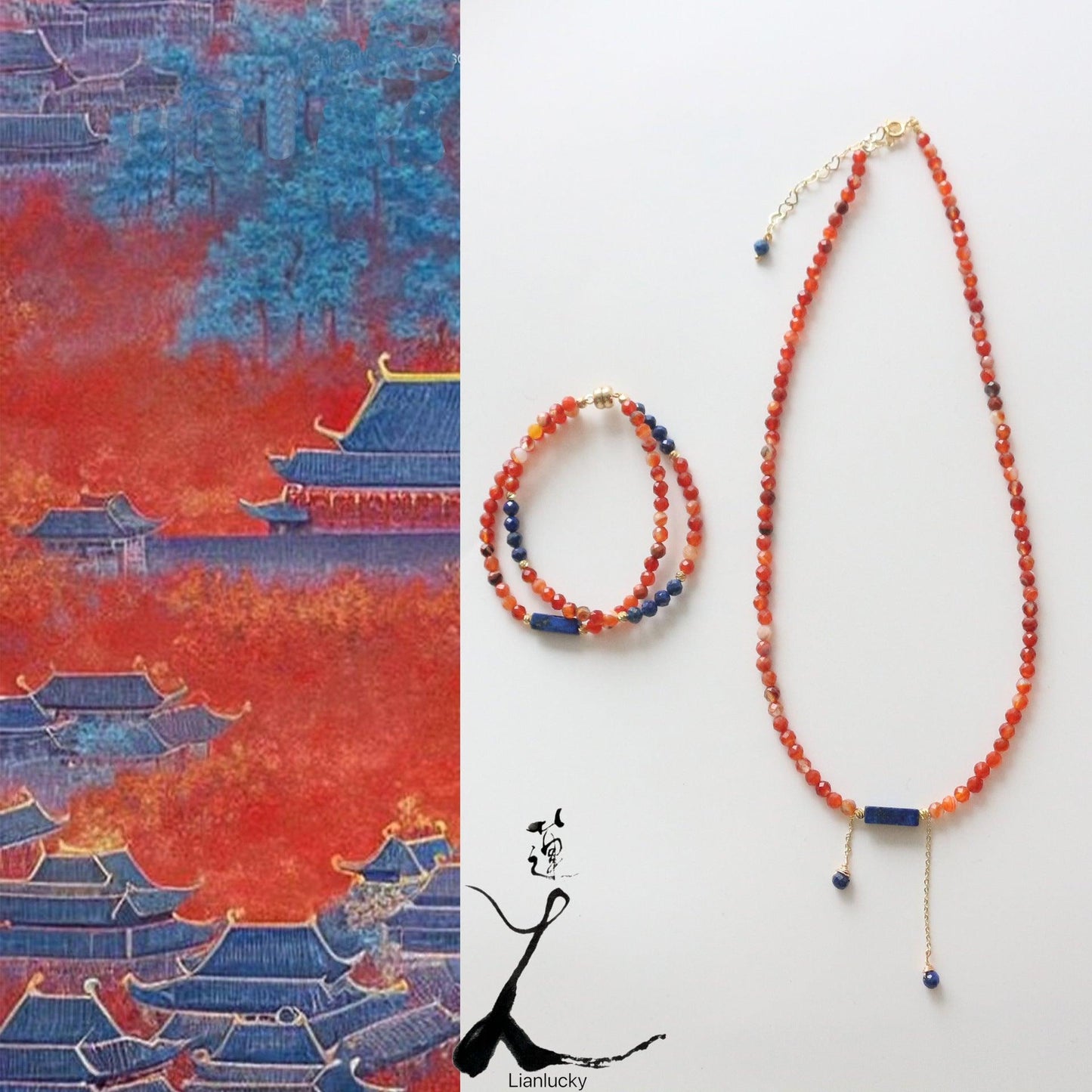 Red Orange Agate & Lapis Lazuli Pendant Necklace – Dunhuang Beaded Bracelet Series in Blue & Orange Color Scheme