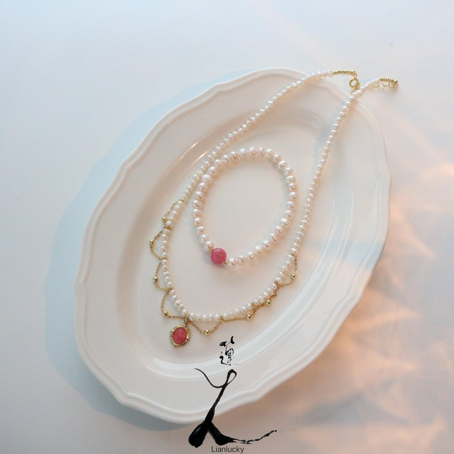 Sweet Vintage Red Agate Necklace with Natural Freshwater Pearl Bracelet - Individualized Charm