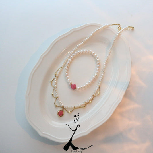 Sweet Vintage Red Agate Necklace with Natural Freshwater Pearl Bracelet - Individualized Charm