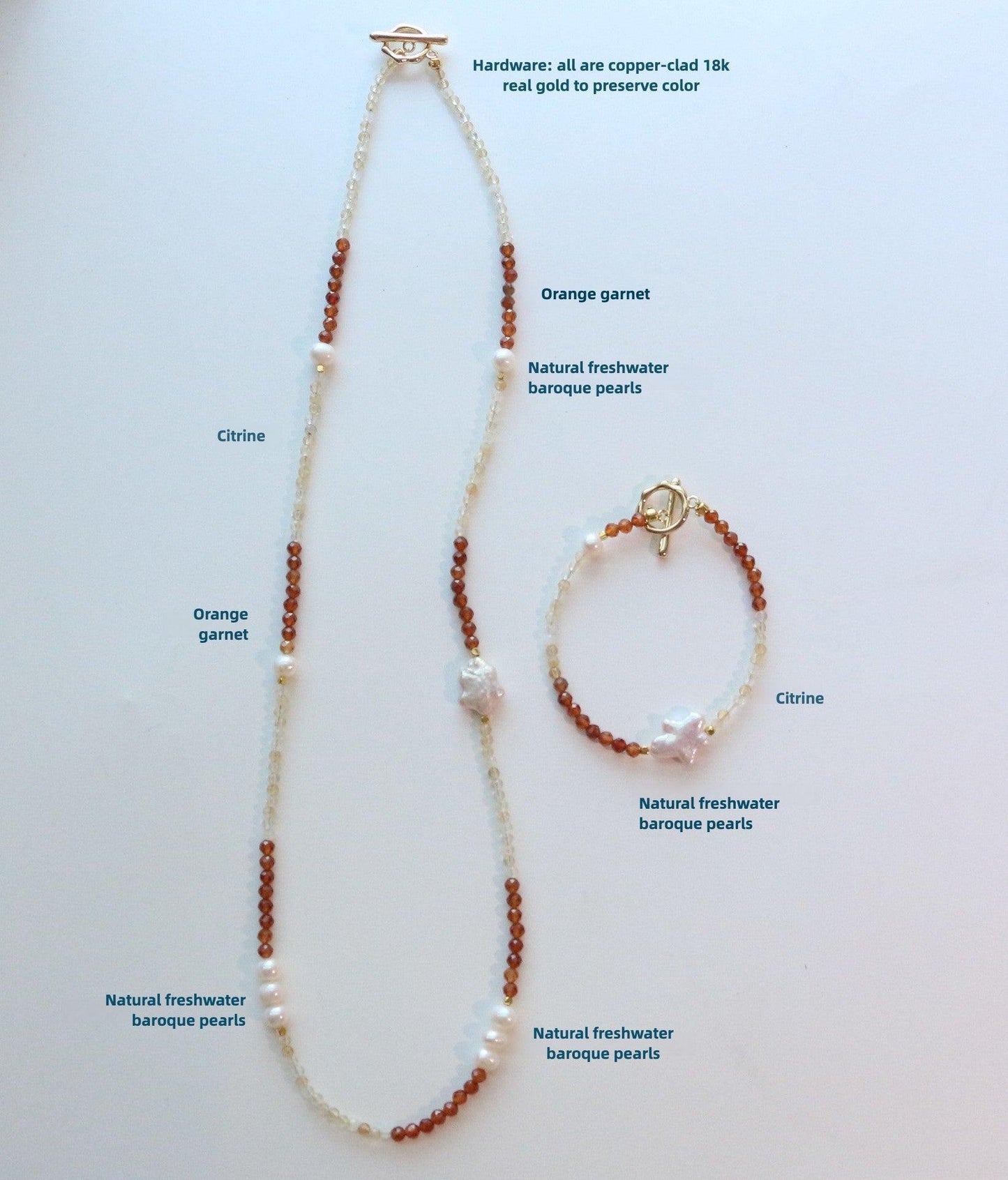 New Natural Freshwater Pearl, Garnet, and Citrine Handmade Beaded Necklace and Bracelet Set