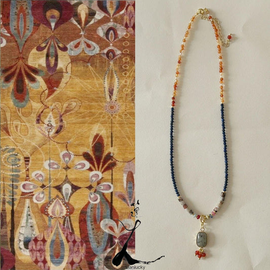 Lapis Lazuli & Agate Dunhuang-Inspired Natural Stone Beaded Necklace with Glitter Stone Pendant – Exotic Jewelry