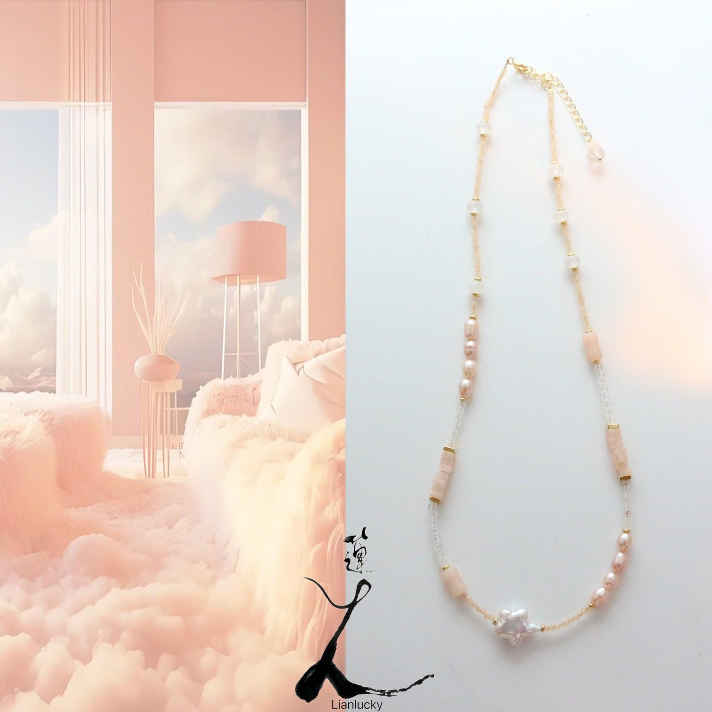 Cat's Eye Stone White Crystal Rouge Jade Necklace with Natural Freshwater Baroque Pearl Pentagram Collarbone Chain