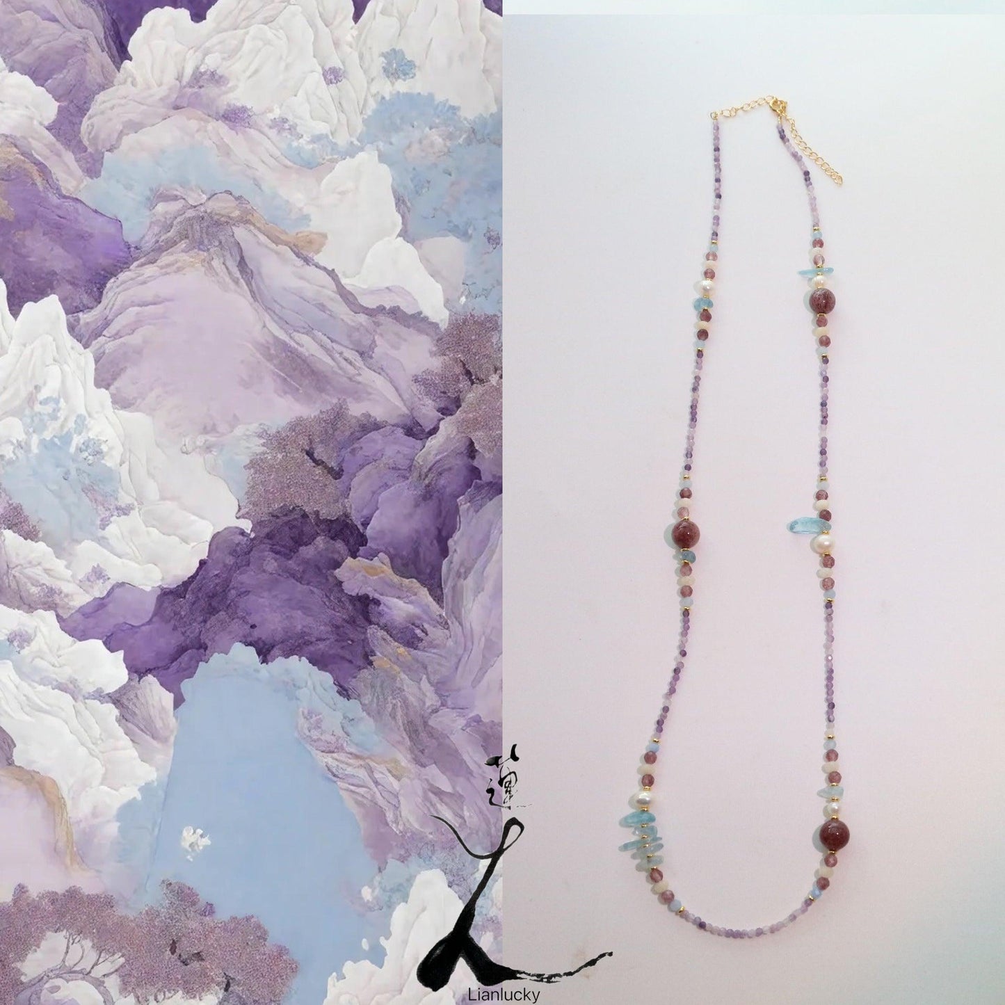 Amethyst Aquamarine Strawberry Crystal Necklace – Handcrafted Elegant Statement Jewelry