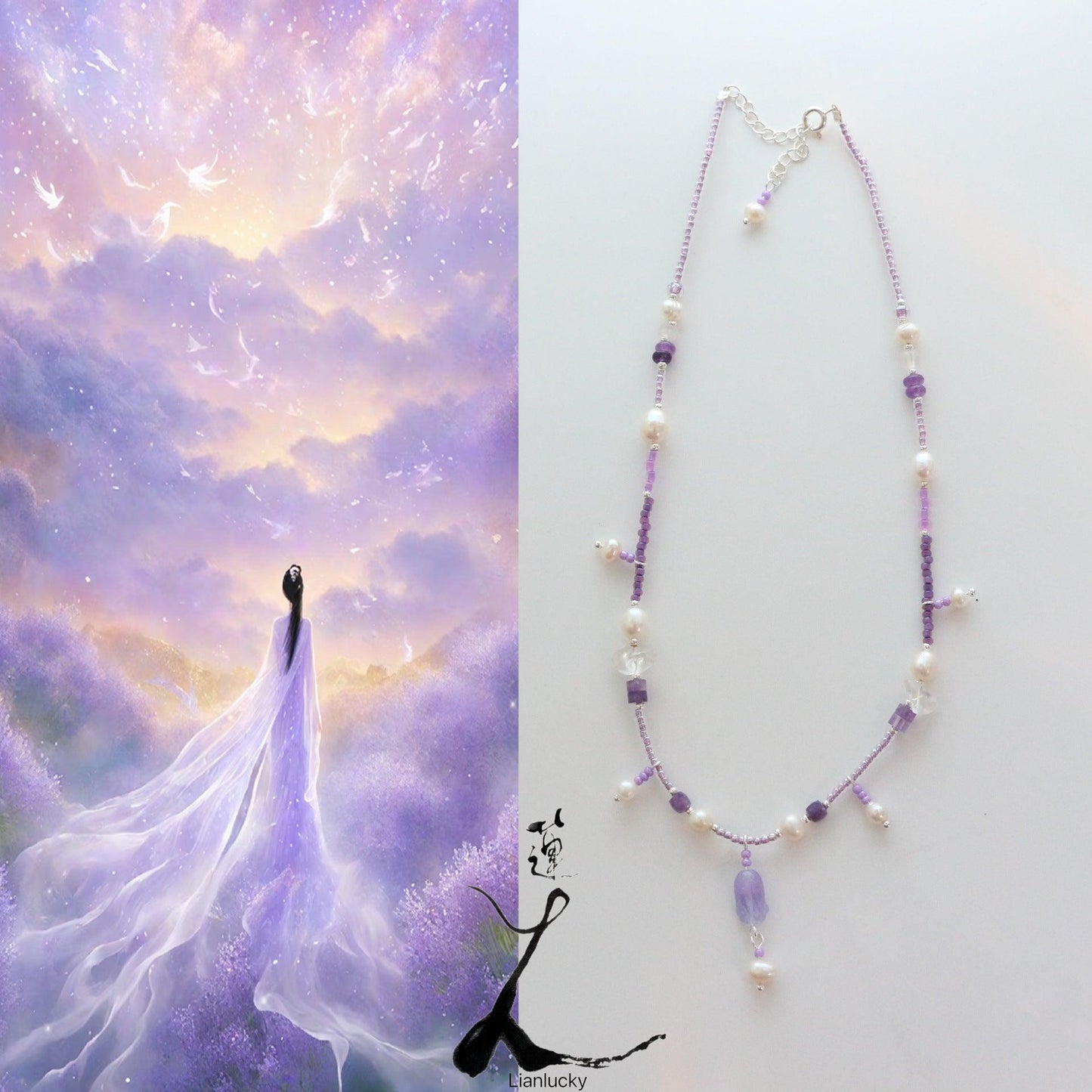 Fashionable Minimalist Amethyst Bud Pendant Necklace with Freshwater Pearls