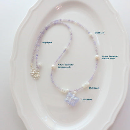 Sweet New Natural Purple Abalone Shell Bead Necklace Handmade String Beads Butterfly Pendant Collarbone Chain