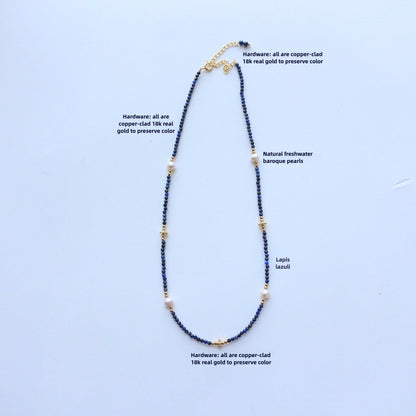 Blue Lapis Lazuli Fine Beaded Necklace | Freshwater Pearl Handmade Jewelry