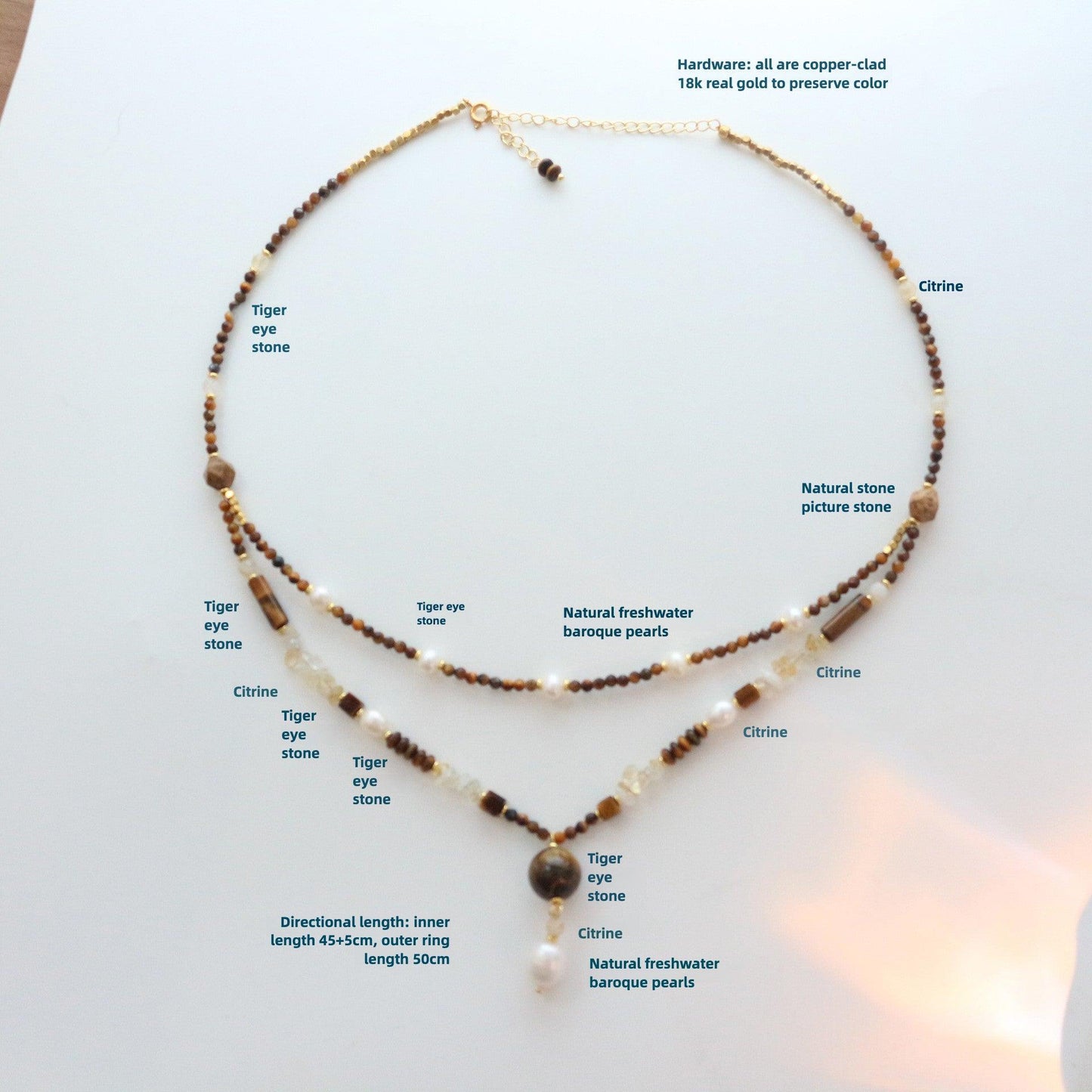 Murad Natural Tiger's Eye & Citrine Beaded Necklace – Double Layer Collarbone Chain with Vintage Freshwater Pearl Pendant