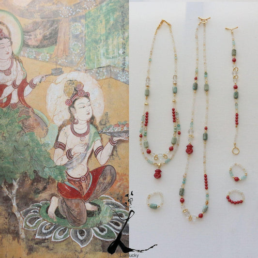 New Dunhuang Series Amazonite, Citrine, Turquoise & White Crystal Necklace Pendant, Double Beads Bracelet & Ring Set