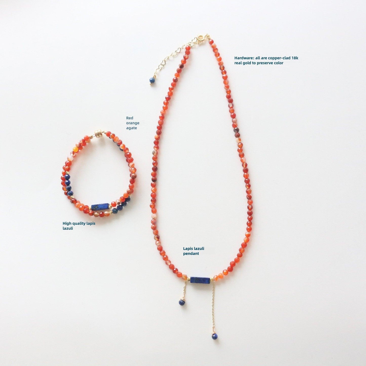 Red Orange Agate & Lapis Lazuli Pendant Necklace – Dunhuang Beaded Bracelet Series in Blue & Orange Color Scheme