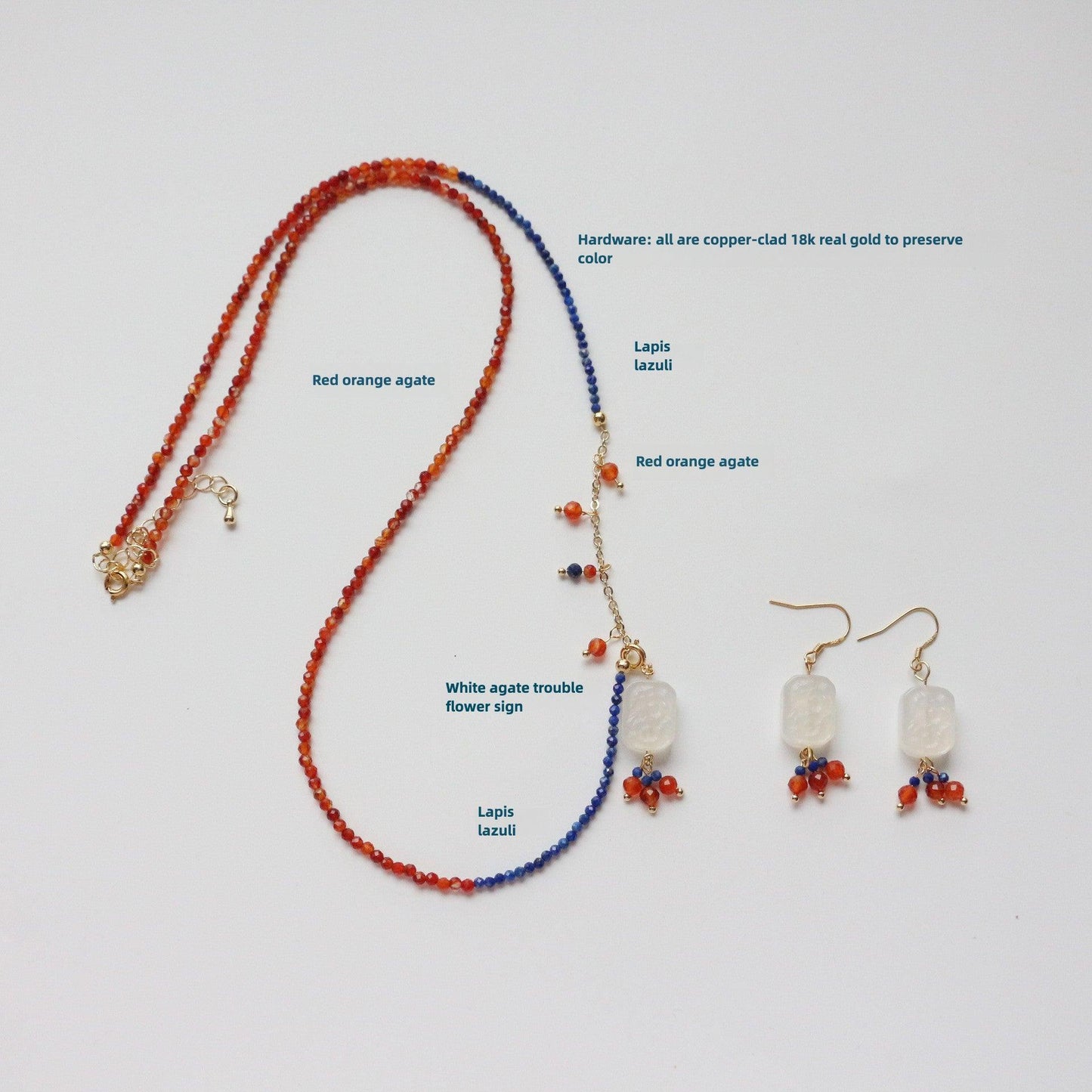 Vintage Lapis Lazuli, Red Orange Agate & White Agate Sweater Chain Necklace – Dunhuang-Inspired Beaded Jewelry Collection