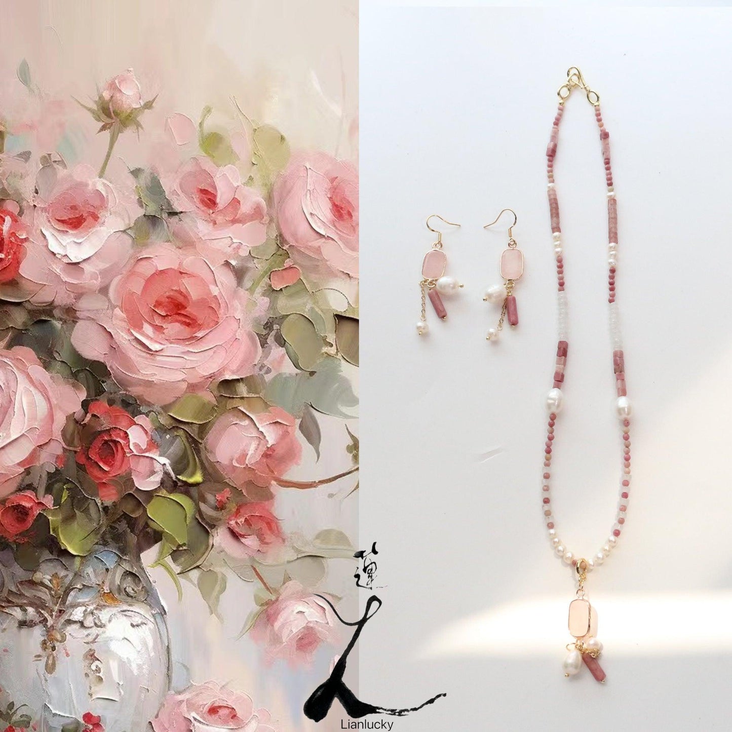 Pink Vintage Natural Stone Red Agate & Strawberry Quartz Necklace – Elegant Beaded Jewelry