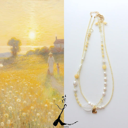 Sweet Light Luxury Yellow Crystal Beads Necklace – Natural Pearls Collarbone Chain Niche Bracelet