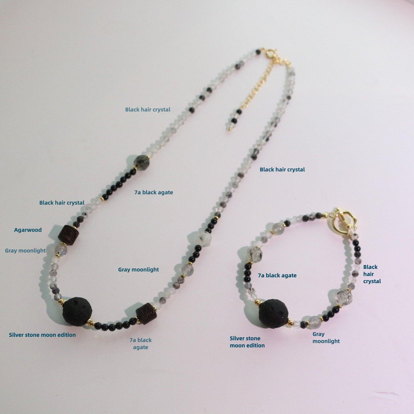 Sedum Black Hair Crystal & Silver Yew Stone Pendant Necklace with 7A Grade Onyx Black Mythic Bracelet Collection