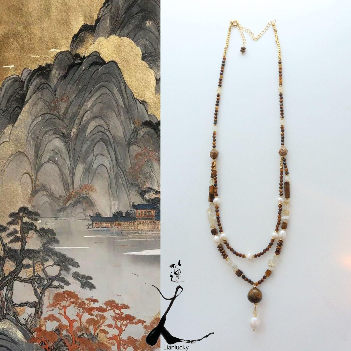 Murad Natural Tiger's Eye & Citrine Beaded Necklace – Double Layer Collarbone Chain with Vintage Freshwater Pearl Pendant