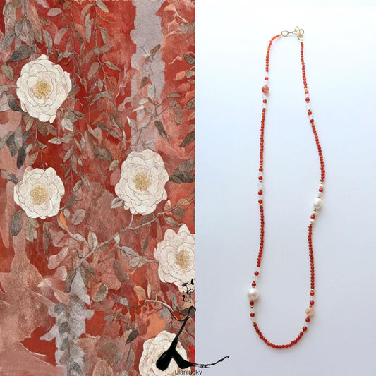 Handcrafted Vintage White Agate and Red Agate Sweater Chain with Red Resin Flower and Pearl Bead Necklace – Versatile Long Neck Chain