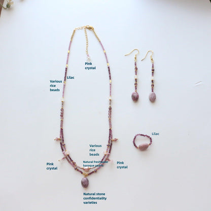 Purple Lilac & Pink Crystal Baroque Pearl Double-Layer Pendant Necklace – Hook Earrings & Natural Stone Beaded Choker Set