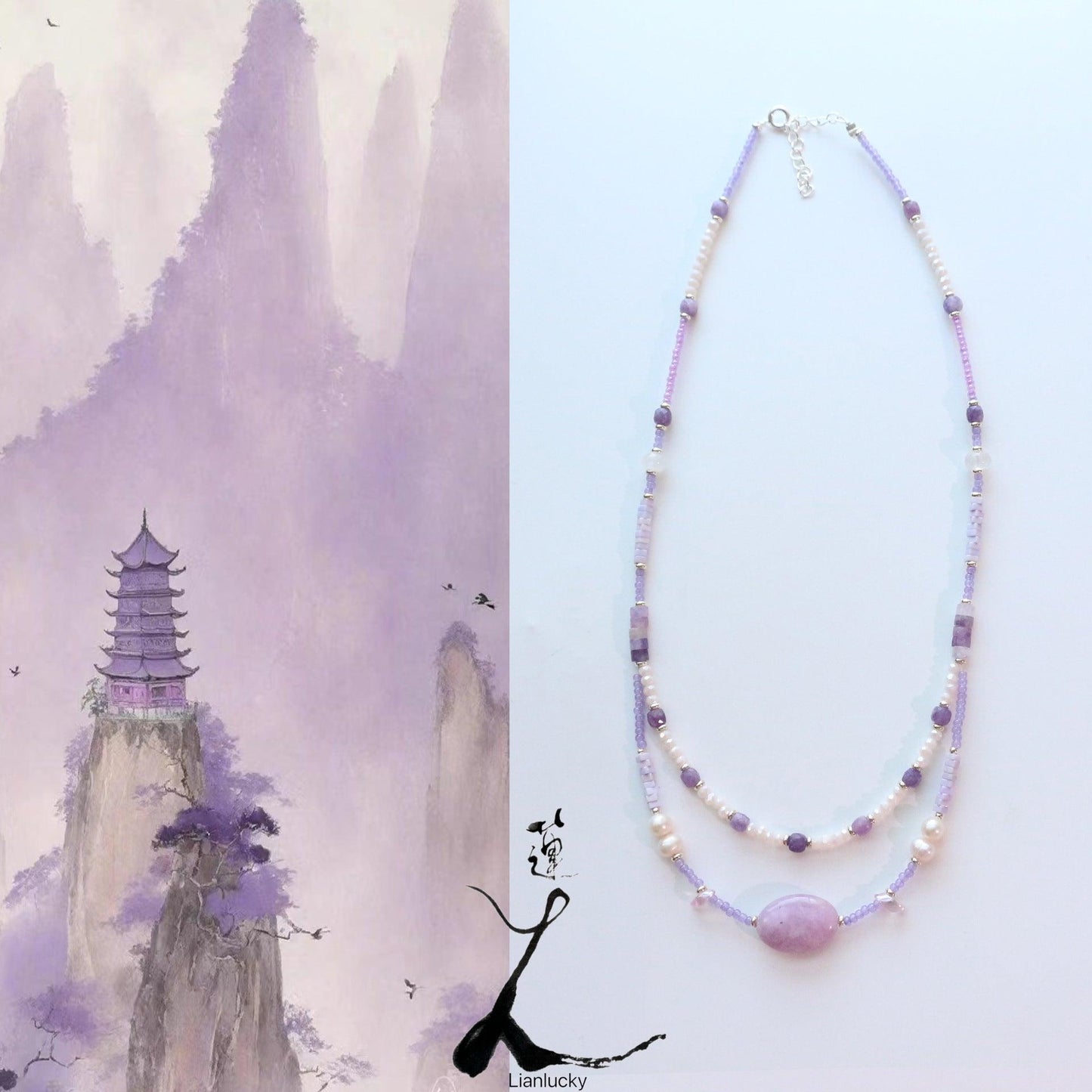 Purple Crystal Jade Agate Natural Stone Necklace – Handmade Beaded Double Layer Necklace with Pearl, Sweater Chain & Collarbone Chain