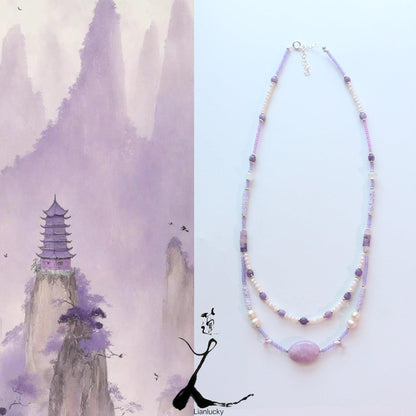 Purple Crystal Jade Agate Natural Stone Necklace – Handmade Beaded Double Layer Necklace with Pearl, Sweater Chain & Collarbone Chain