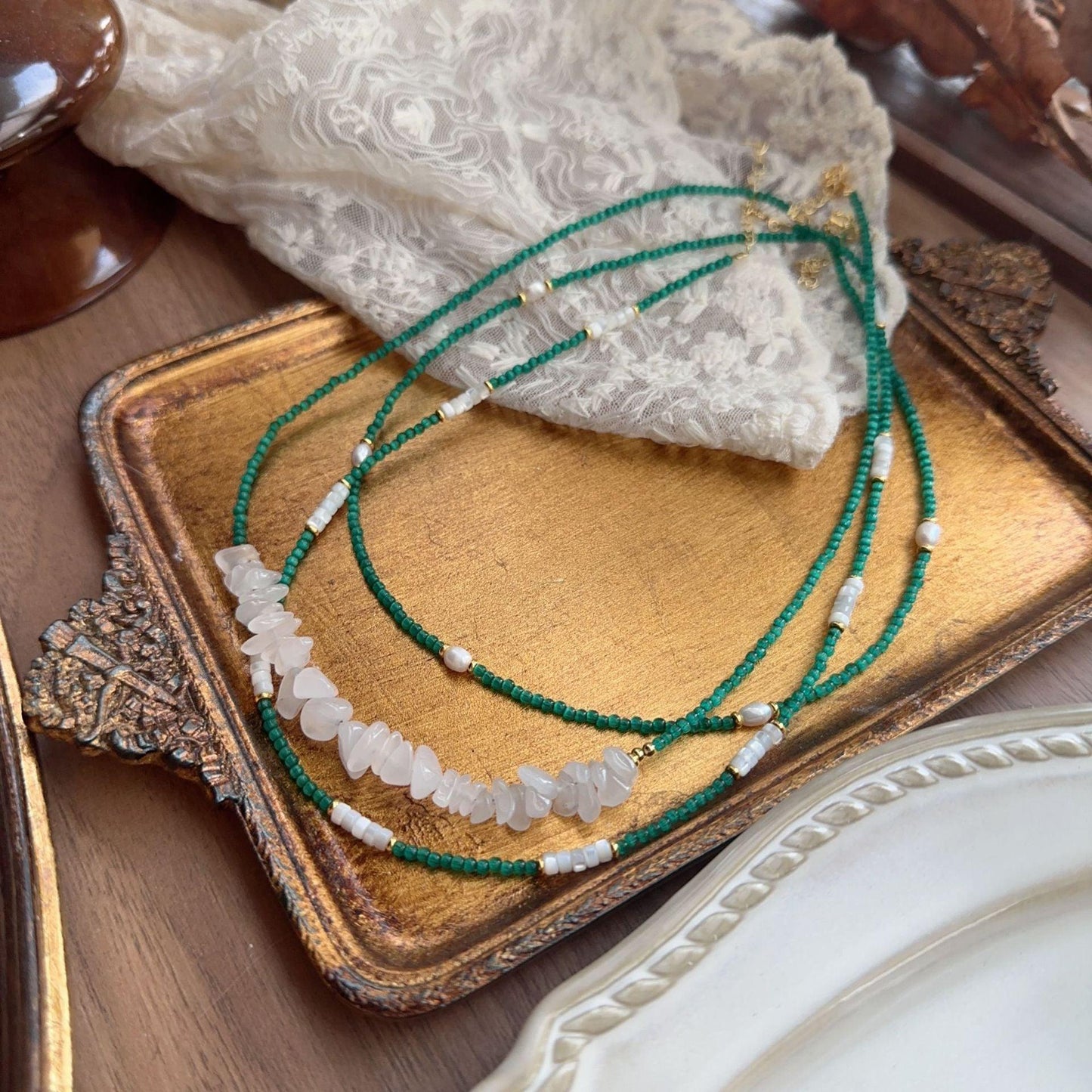 New Chinese Green Natural Stone Beaded Necklace - Niche Ethnic Style Collarbone Chain