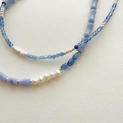 Light Blue Natural Stone Beaded Necklace Handmade Original Niche Jewelry Ink Wind Necklace