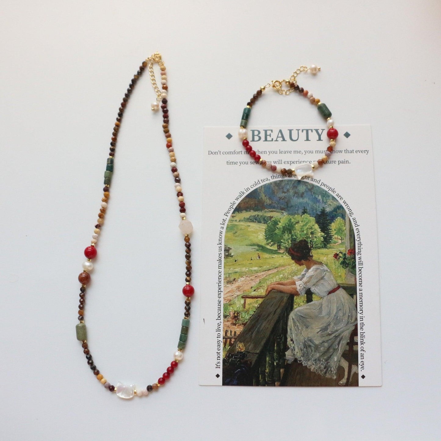 Tiger Eye Stone, Egg Yolk Stone, Coral Beads, White Shell Necklace with Cat Red & Green Oil Painting Texture Collarbone Chain