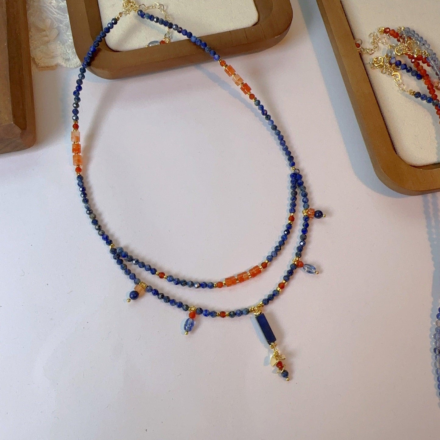 Lapis Lazuli Agate Dunhuang Double-Layer Natural Stone Beaded Necklace - Handmade Niche Design