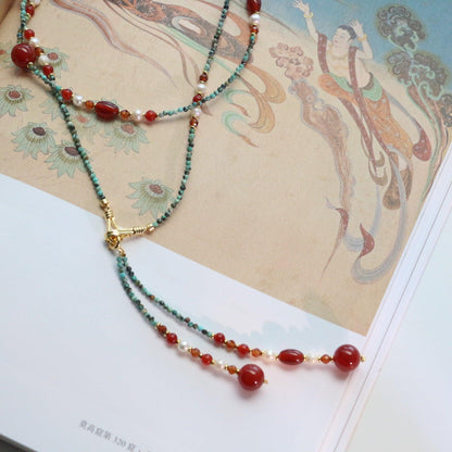 Dunhuang Hand-Beaded Natural Turquoise & Red Agate Necklace with Freshwater Pearl Sweater Chain