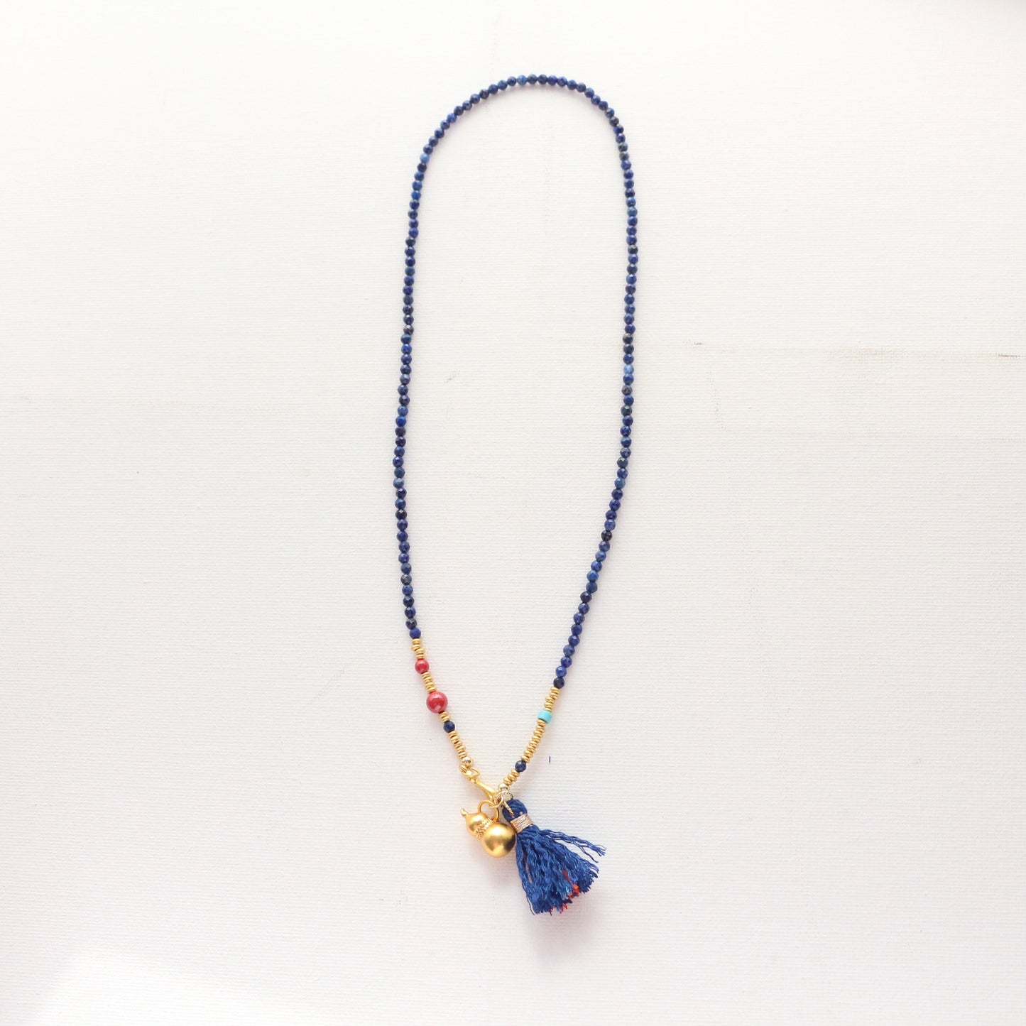 Vintage Lapis Lazuli String Minimalist Sand Gold Gourd Handmade Tassel Necklace