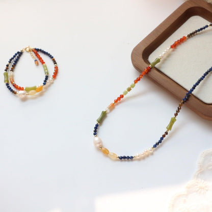 Rustic Colorful Natural Stone Beaded Necklace & Double Layer Bracelet – Unique Boho Style Jewelry