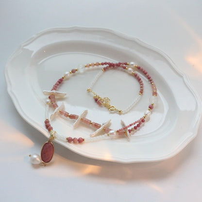 Vintage Strawberry Quartz White Agate Red Veined Stone Beaded Pendant Double Layer Freshwater Pearl Necklace