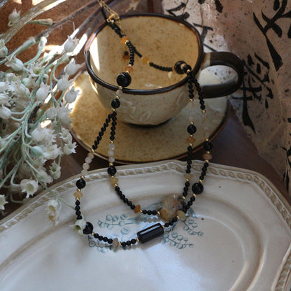 7A Grade Natural Black Onyx & Citrine Double Layer Beaded Necklace – Elegant Collarbone Chain Jewelry