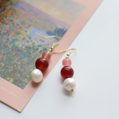 Freshwater Natural Pearl Ear Hooks | Minimalist Red Agate Handmade Earrings