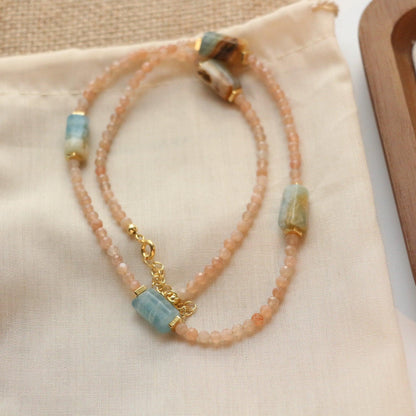 Aquamarine Blue Calcite & Sunstone Double Layers Necklace & Bracelet – Natural Stone Beaded Jewelry