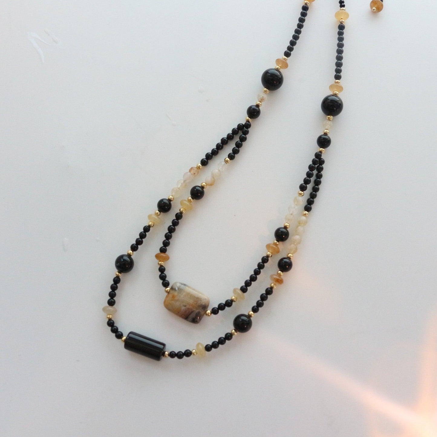 7A Grade Natural Black Onyx & Citrine Double Layer Beaded Necklace – Elegant Collarbone Chain Jewelry