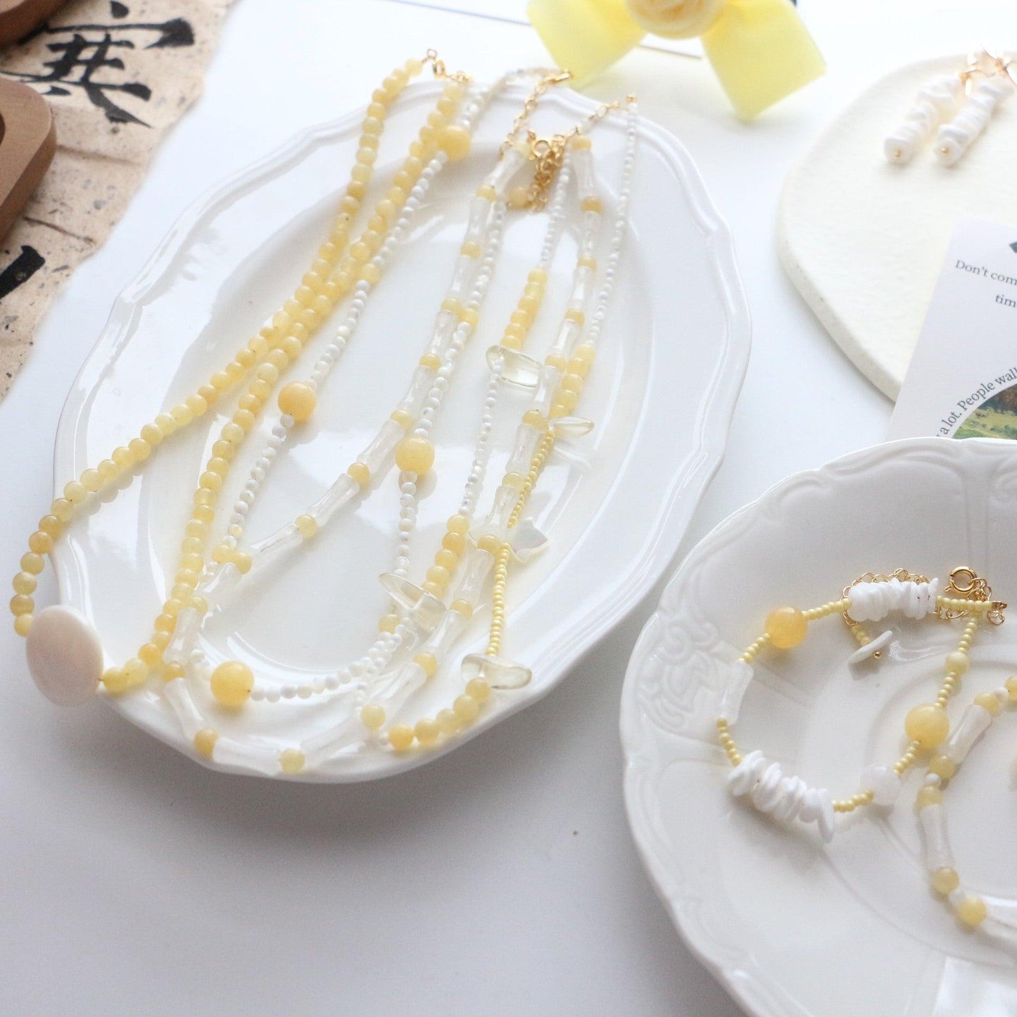 Natural Stone Beaded Necklace - Yellow Jade Bamboo Series Bracelet, Earrings, Ear Hooks, Ear Studs, and Collar Chain