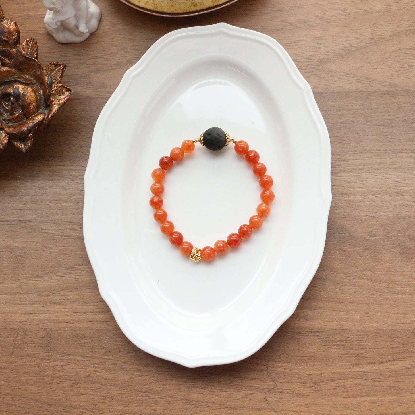 Handmade Black Obsidian Beaded Bracelet | Mystic Natural Stone Bead Jewelry in Orange & Black, Unisex Adjustable Design