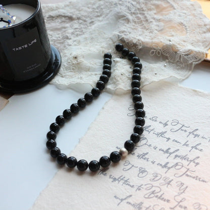 Vintage 7A Natural Black Onyx Beaded Necklace | Collarbone Chain