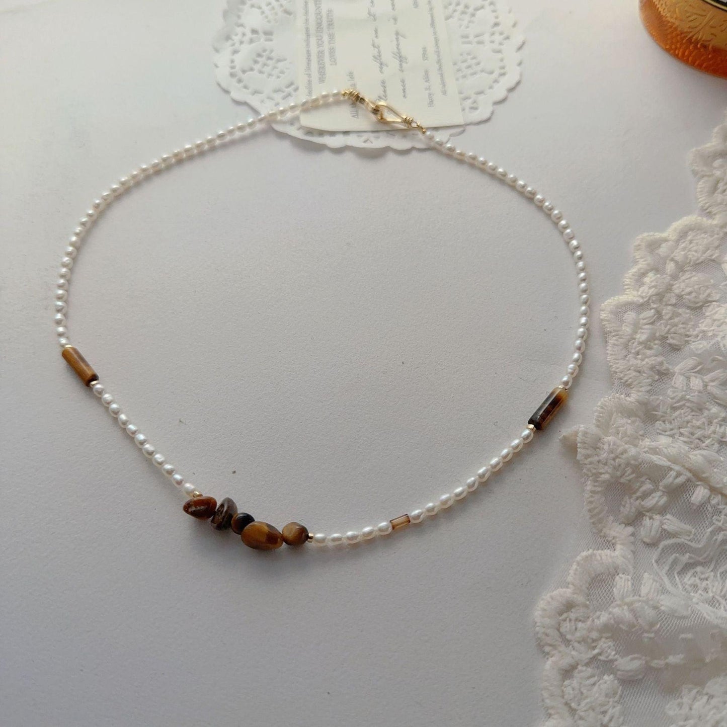 Tiger Eye & Malard Brown Coffee Natural Stone Beaded Necklace – Handcrafted Original Niche Accessory