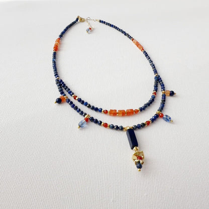 Lapis Lazuli Agate Dunhuang Double-Layer Natural Stone Beaded Necklace - Handmade Niche Design