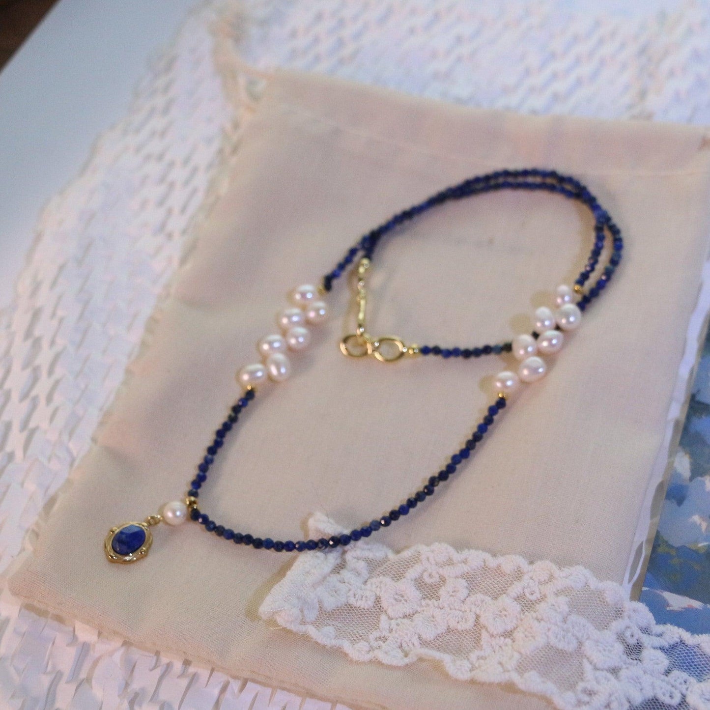 Lapis Lazuli Natural Freshwater Pearl Necklace with Petal Bead Pendant – Creative Fashion Long Chain Bracelet