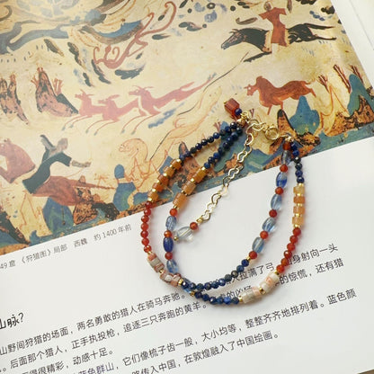 Dunhuang Series Orange Garnet, Lapis Lazuli & Blue Crystal Double Layer Ink-Wash Style Bracelet & Necklace – Natural Stone Beaded Jewelry