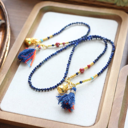 Vintage Lapis Lazuli String Minimalist Sand Gold Gourd Handmade Tassel Necklace