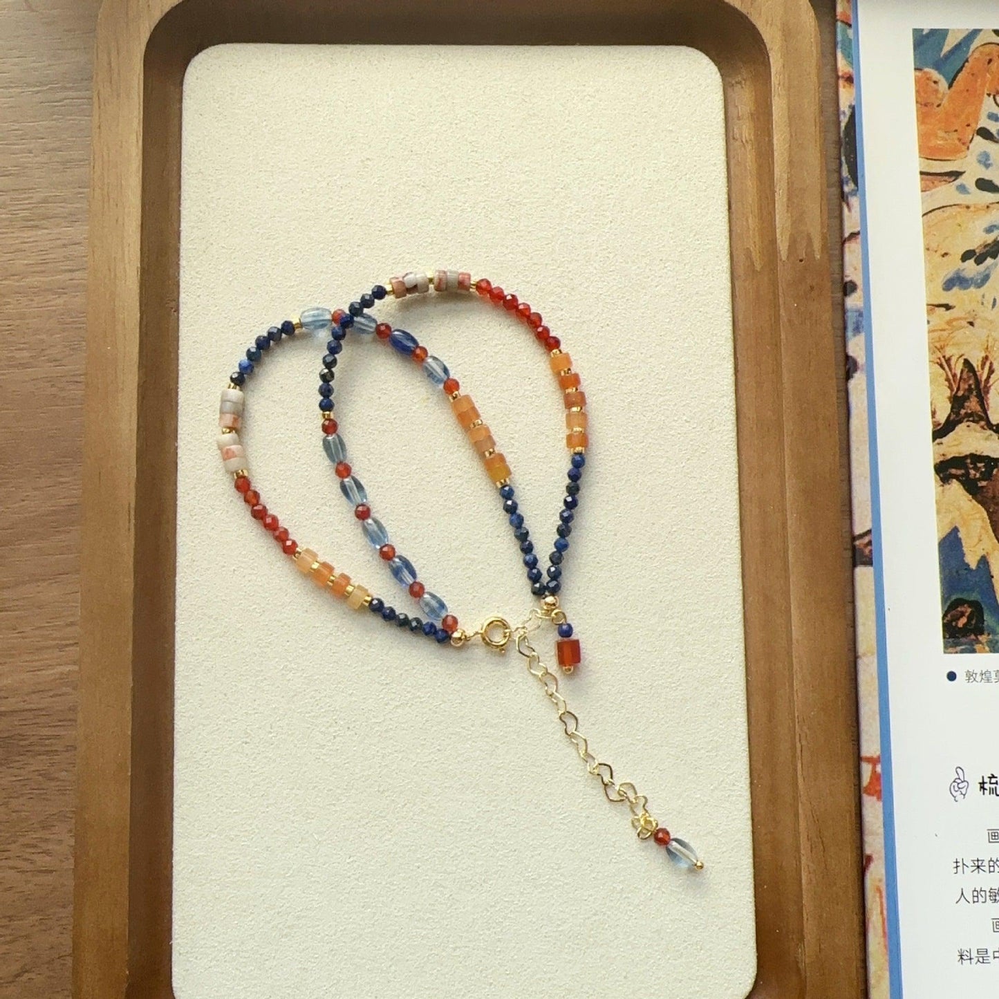 Dunhuang Series Orange Garnet, Lapis Lazuli & Blue Crystal Double Layer Ink-Wash Style Bracelet & Necklace – Natural Stone Beaded Jewelry