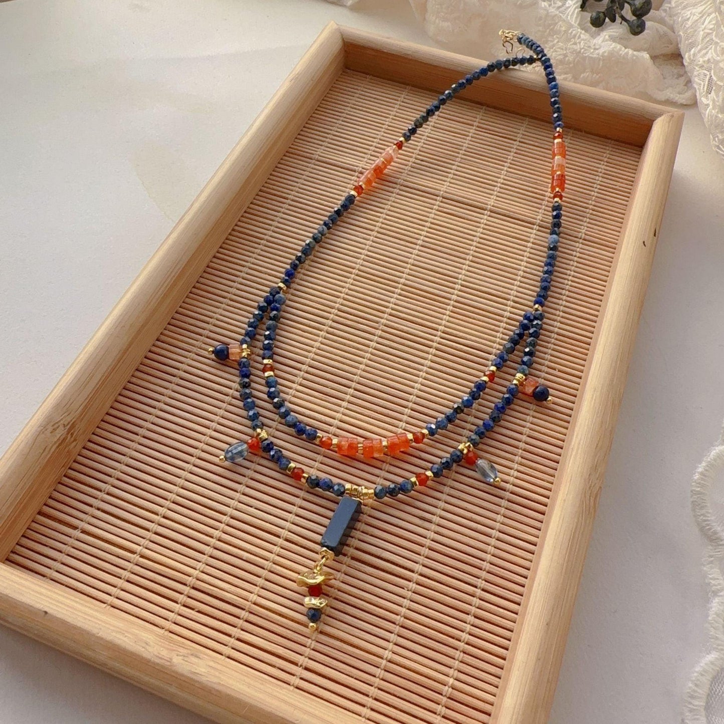 Lapis Lazuli Agate Dunhuang Double-Layer Natural Stone Beaded Necklace - Handmade Niche Design