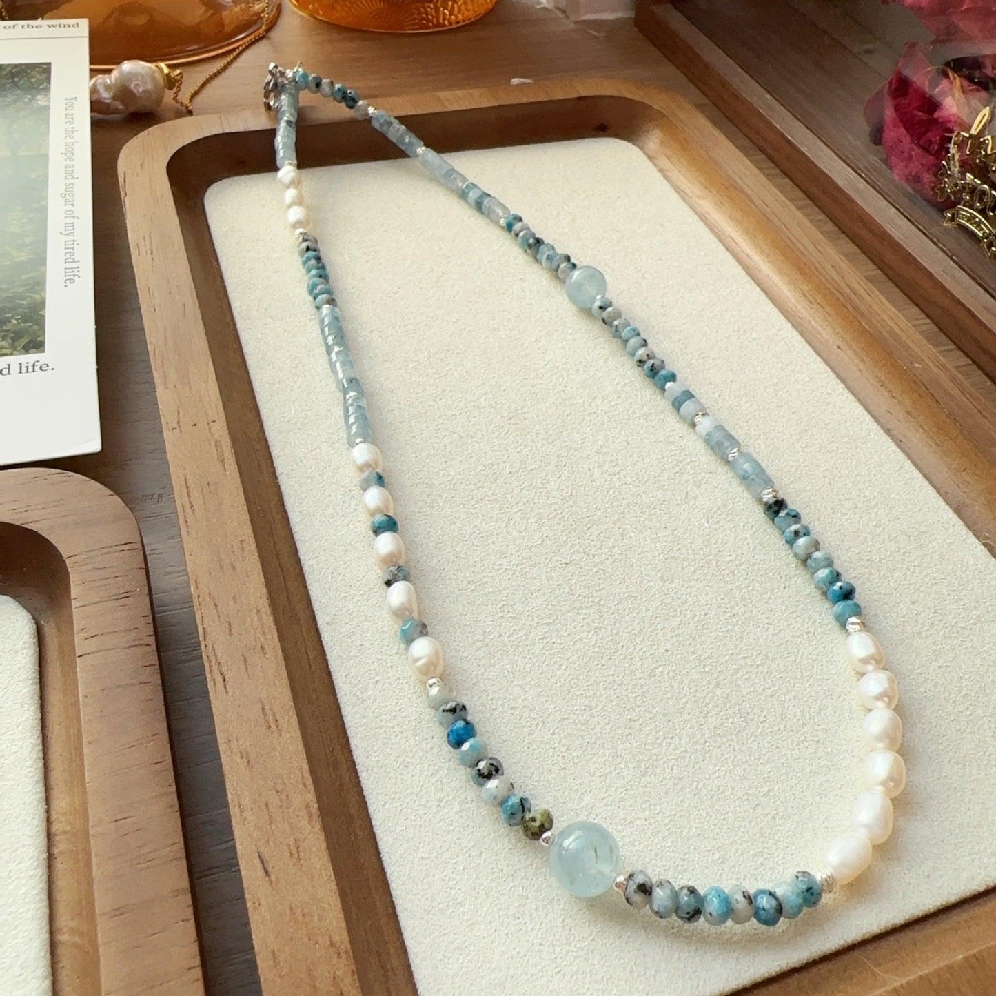 Aquamarine Blue Ore Beaded Necklace & Freshwater Baroque Pearl Bracelet Set | Short Necklace