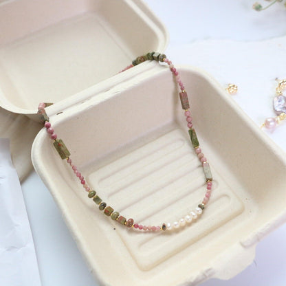 New Pearl Natural Stone Red Agate New Chinese Style Pink Pendant Short Necklace Creative Handmade Beaded Neck Chain