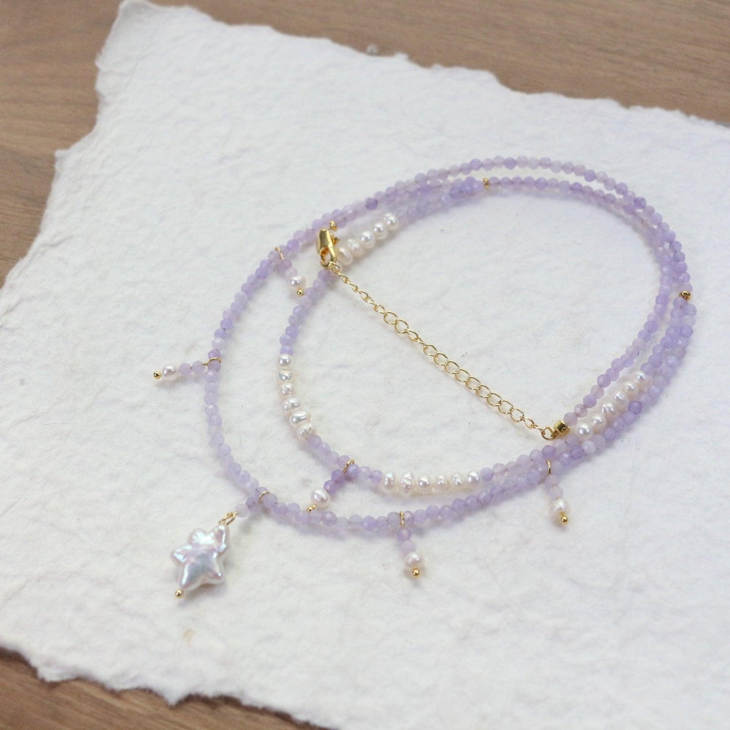 Purple Jade Double Layer Necklace with Natural Freshwater Pearls | Star Pendant Bracelet Ring Set